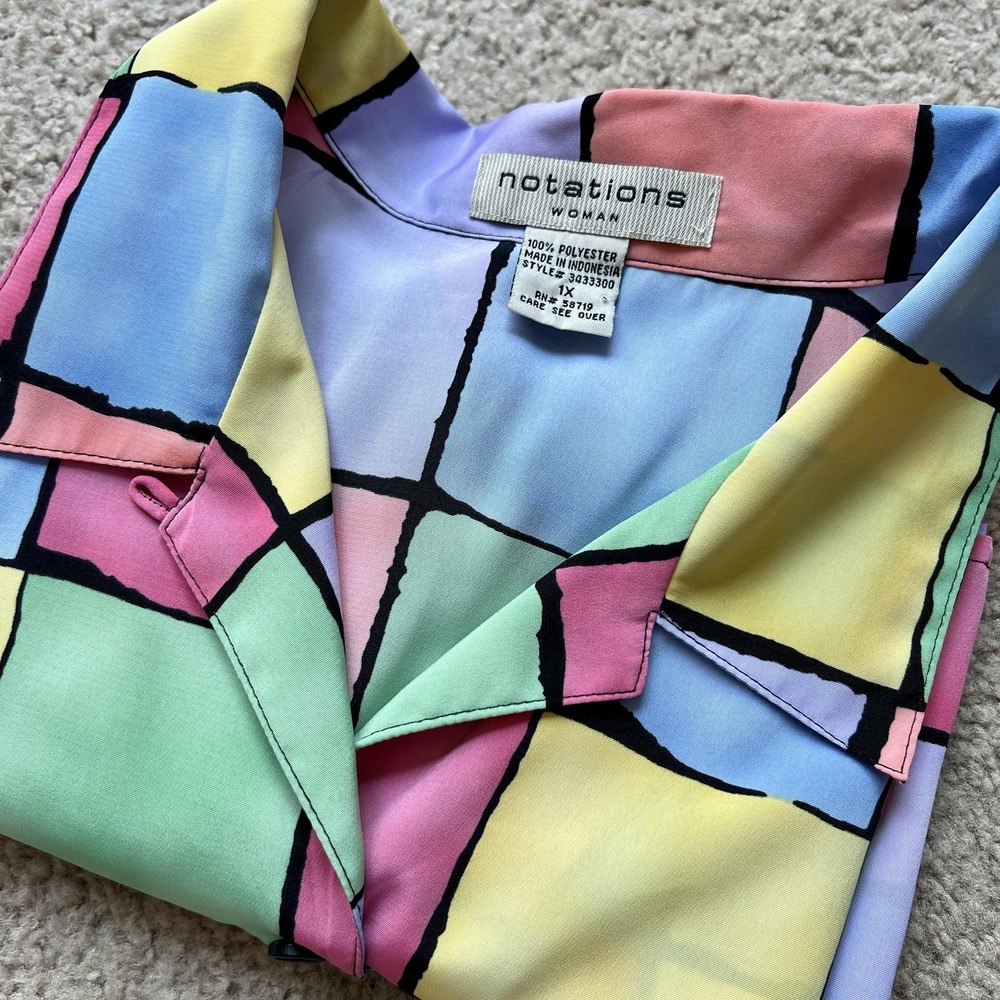 Notations Woman Color Block Shirt 1X – Retro Geometric Print Button Up Blouse - Picture 6 of 9